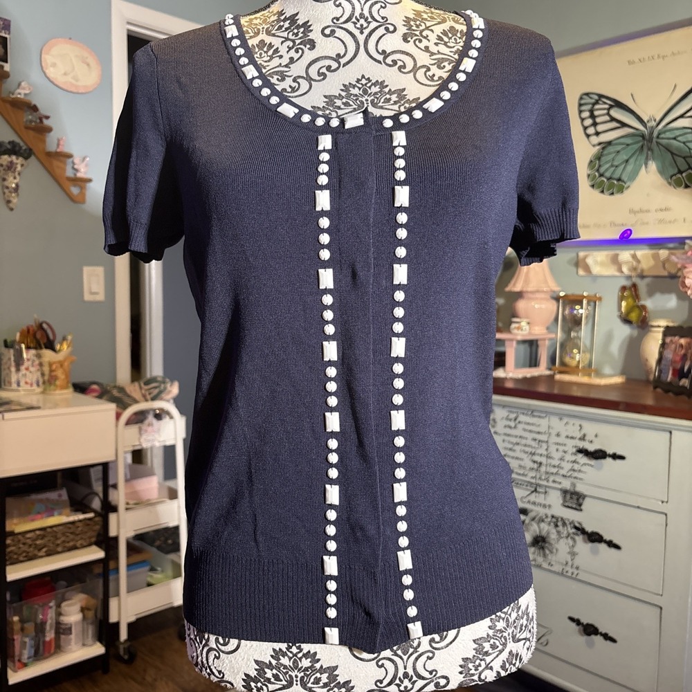 Loft‎ NWT Navy Blue Hidden Snap Cardi With Jewel Embellish. Small.